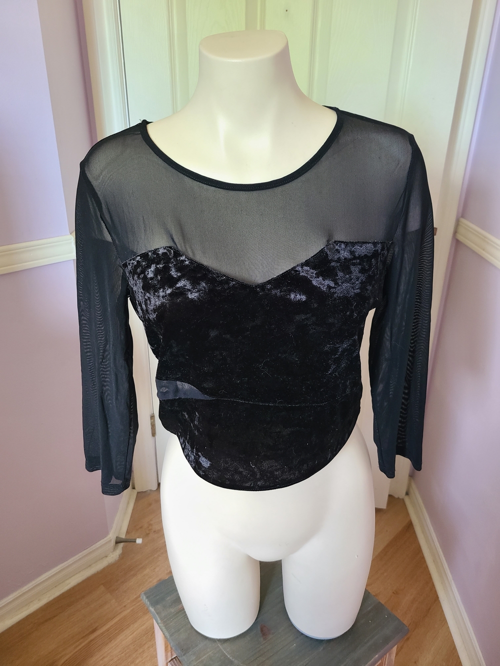 Atmosphere Black Velvet & Sheer Mesh Cropped Top